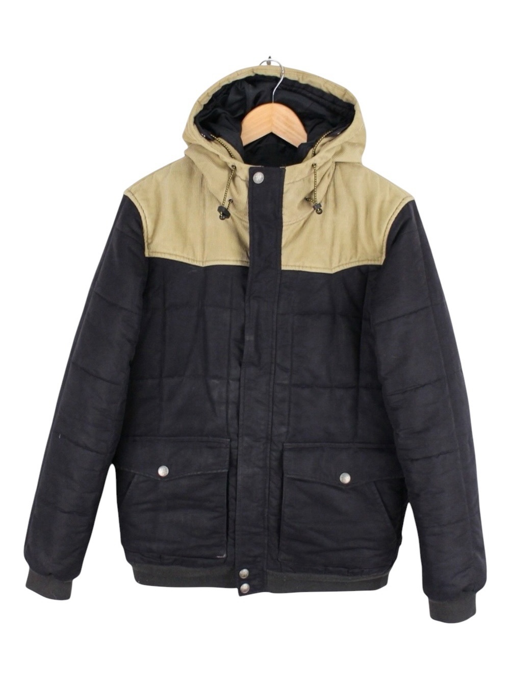 Levi's Men's Hooded Puffer Jacket Tan Black Colorblock Medium Winter‎ Coat